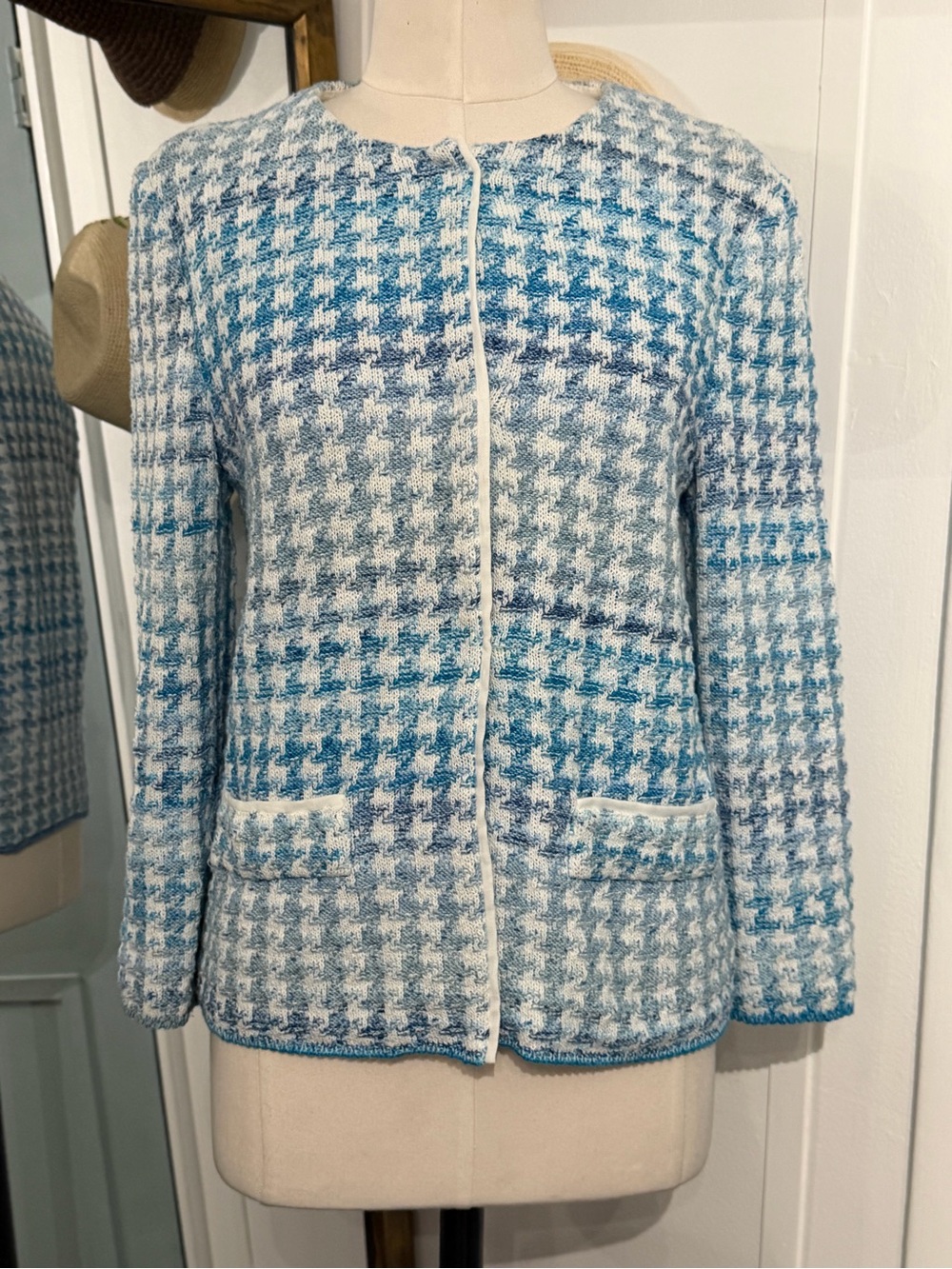 Amina Rubinacci Textured Houndstooth Tweed Sweater Blazer Jacket Collarless 42/6